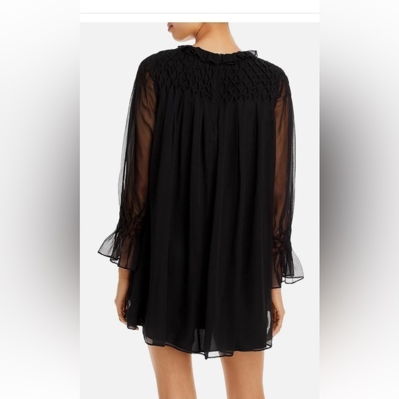 Rebecca TAYLOR NWT black smocked baby doll silk dress w/sheer sleeves size small - Picture 2 of 11